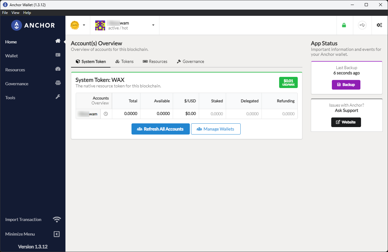 Anchor account overview showing a recent backup timestamp