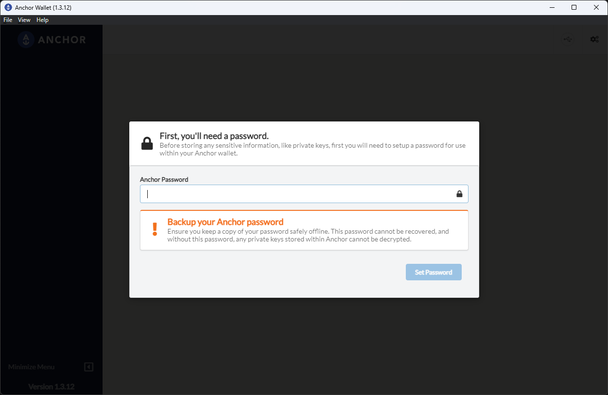Anchor password setup screen
