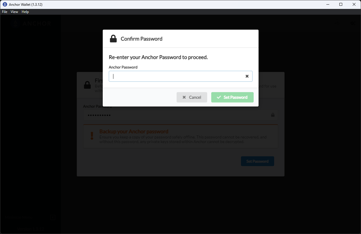 Anchor confirm password dialog