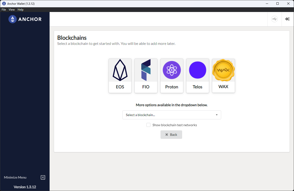 Anchor blockchain selection screen with WAX selected