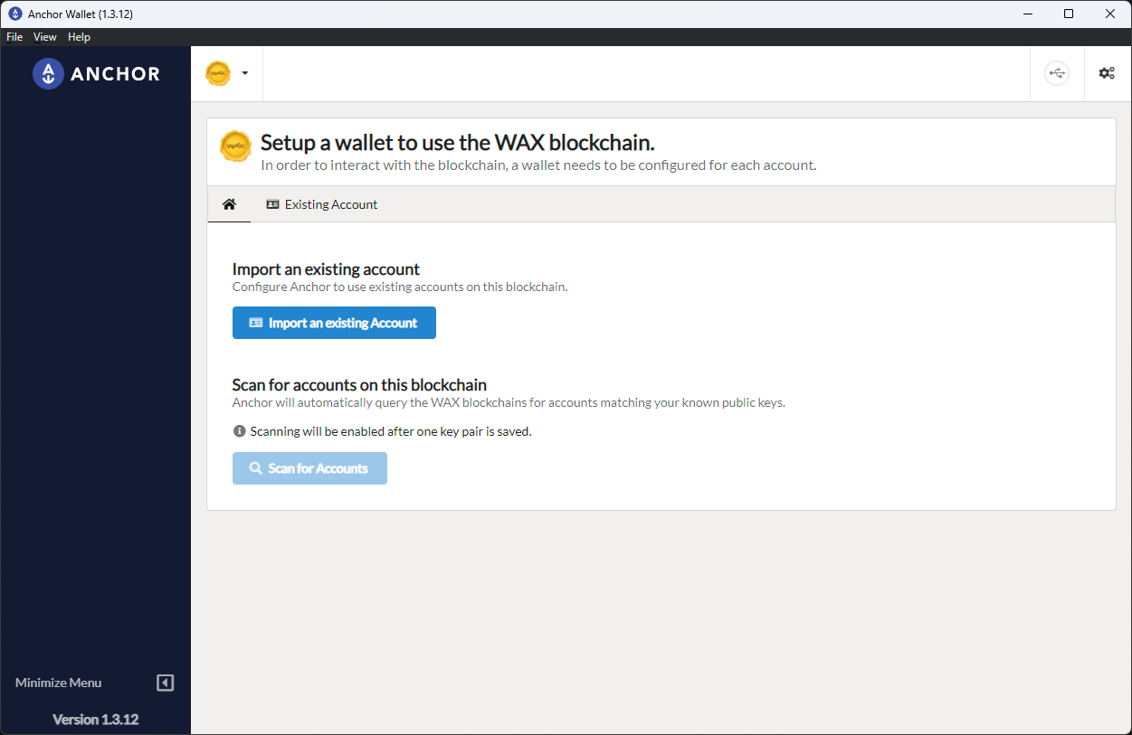 WAX setup page with Import an existing Account button
