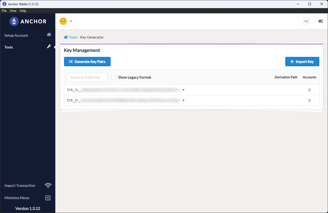 Key Management screen showing saved public keys