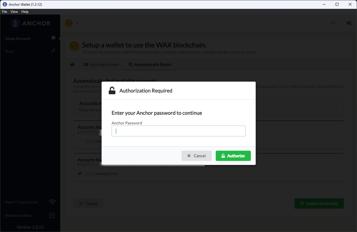 Anchor authorization dialog for automatic account detection import