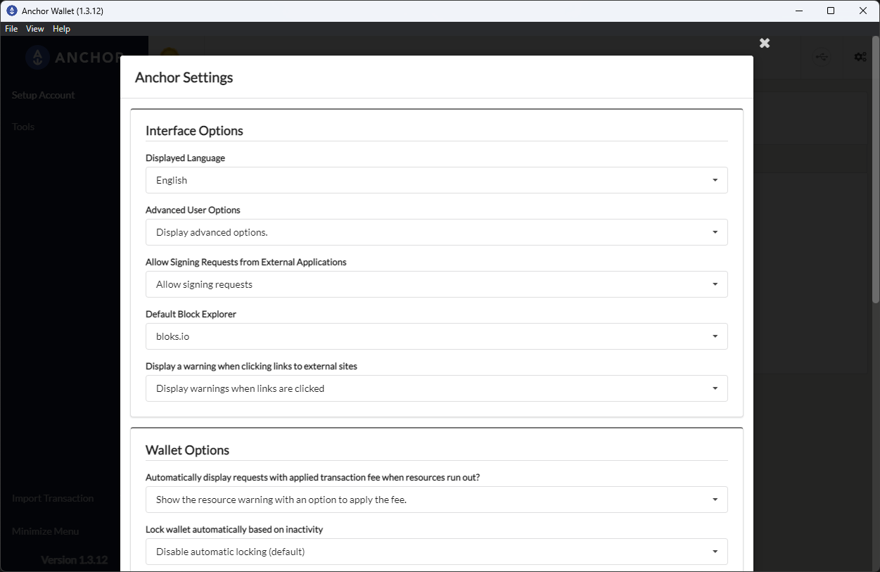 Anchor settings with Display advanced options enabled