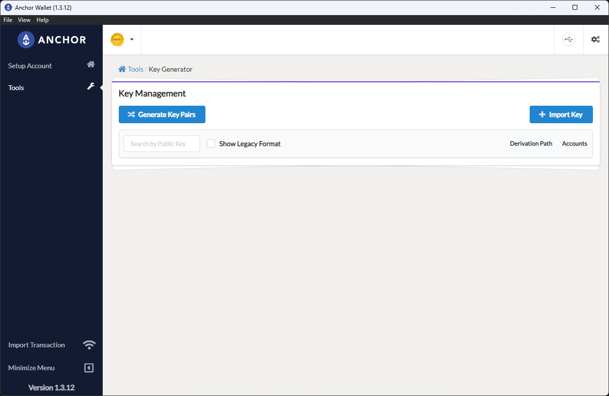 Anchor Key Management screen with Generate Key Pairs and Import Key options