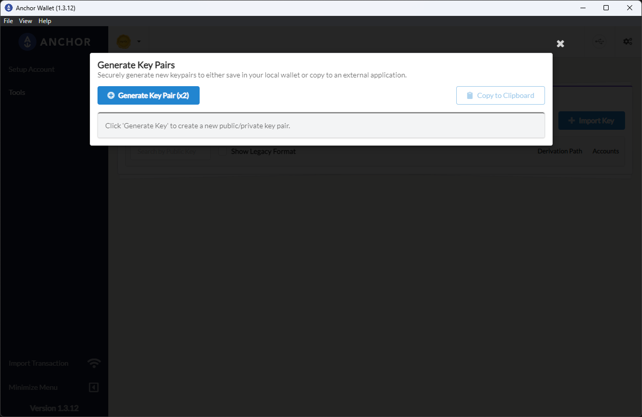 Generate Key Pairs dialog before keys are created