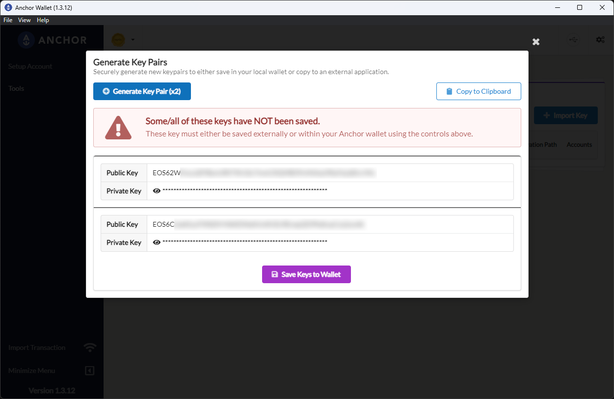 Generated key pairs shown before saving