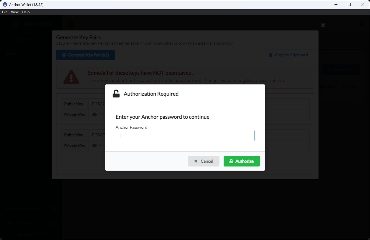 Anchor authorization dialog for saving generated keys