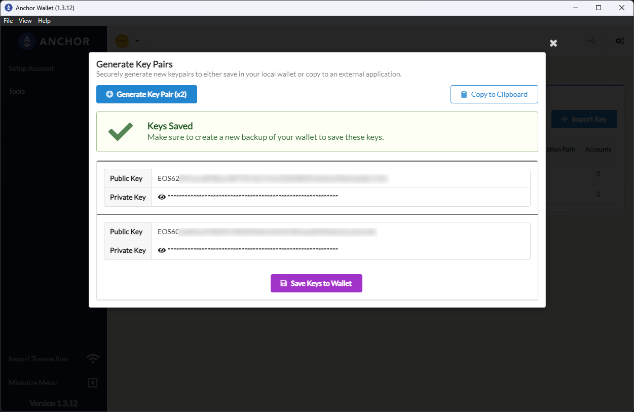 Generated key pairs saved successfully