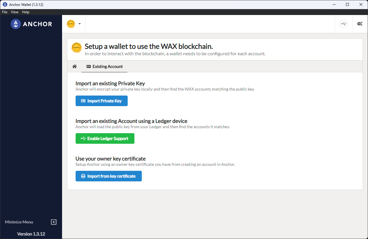 Existing account import options in Anchor for private key, Ledger, and owner key certificate