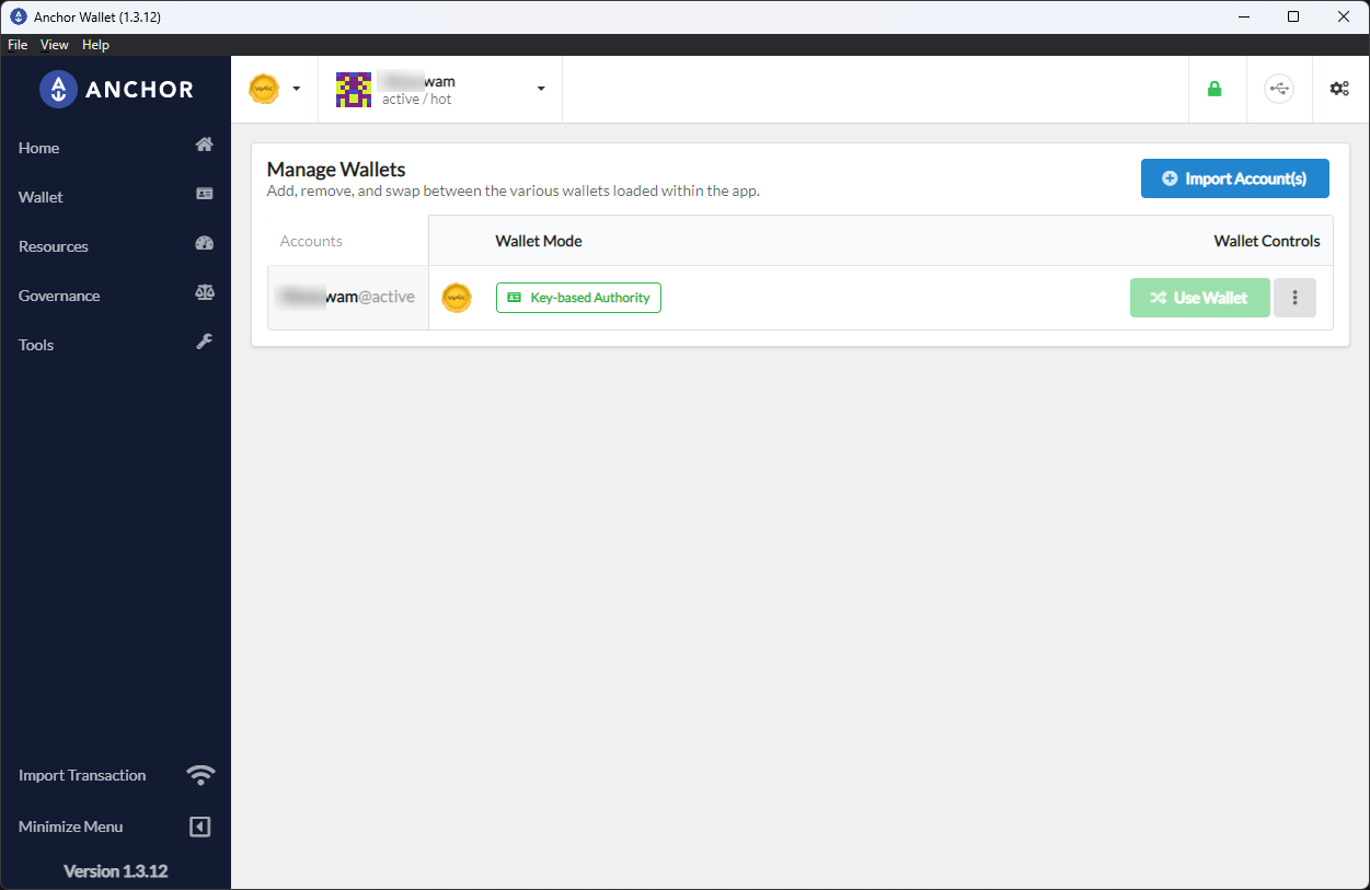 Manage Wallets screen showing the imported WAX account