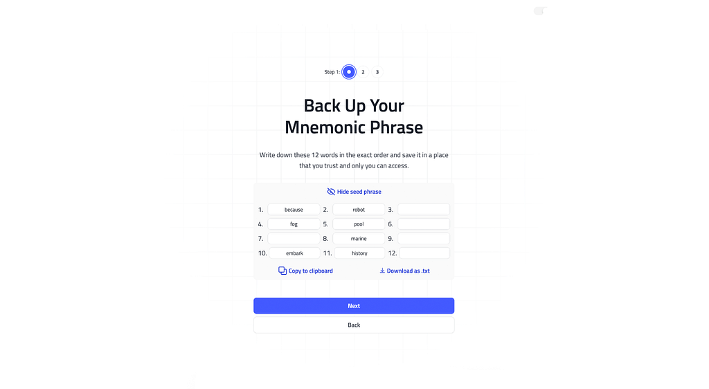 Mnemonic backup screen in My Cloud Wallet