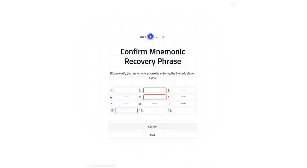 Mnemonic confirmation screen asking for 3 words