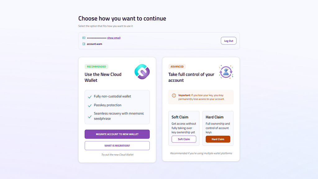Legacy wallet screen showing the recommended Use the New Cloud Wallet option