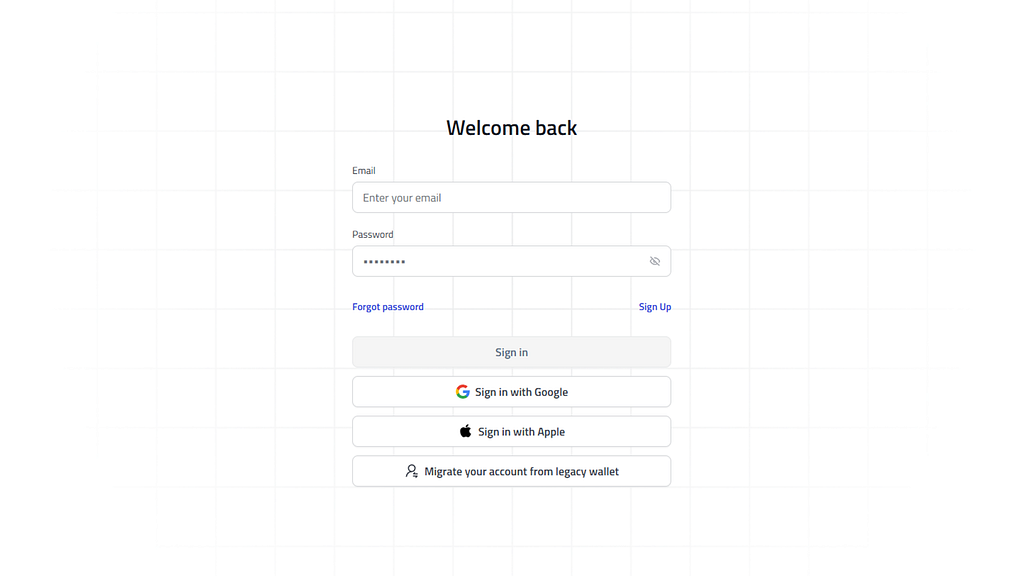 My Cloud Wallet sign-in screen with the legacy migration option