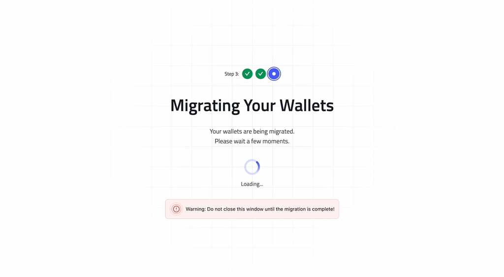Migration progress screen while the wallet is being created