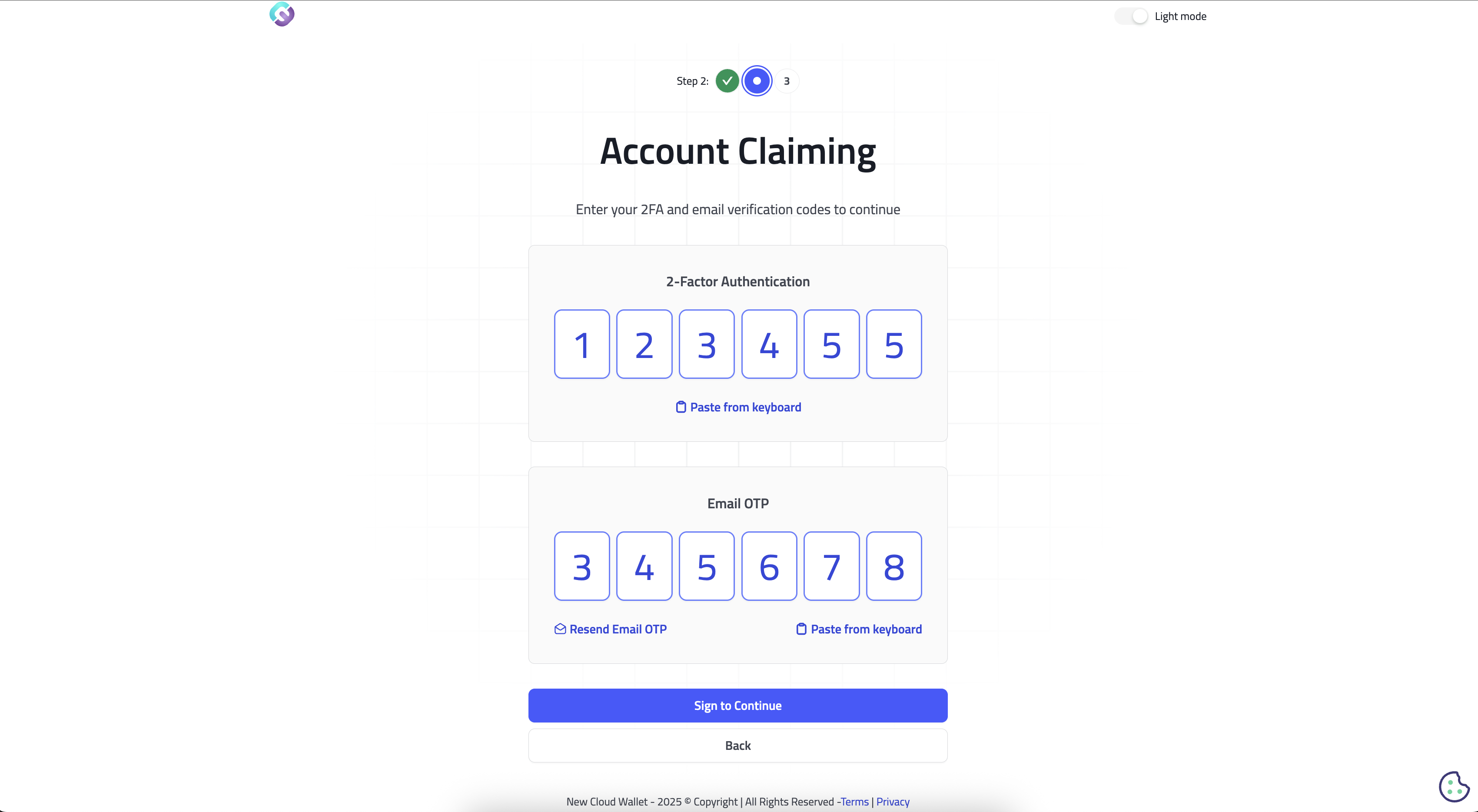 OTP verification screen in My Cloud Wallet
