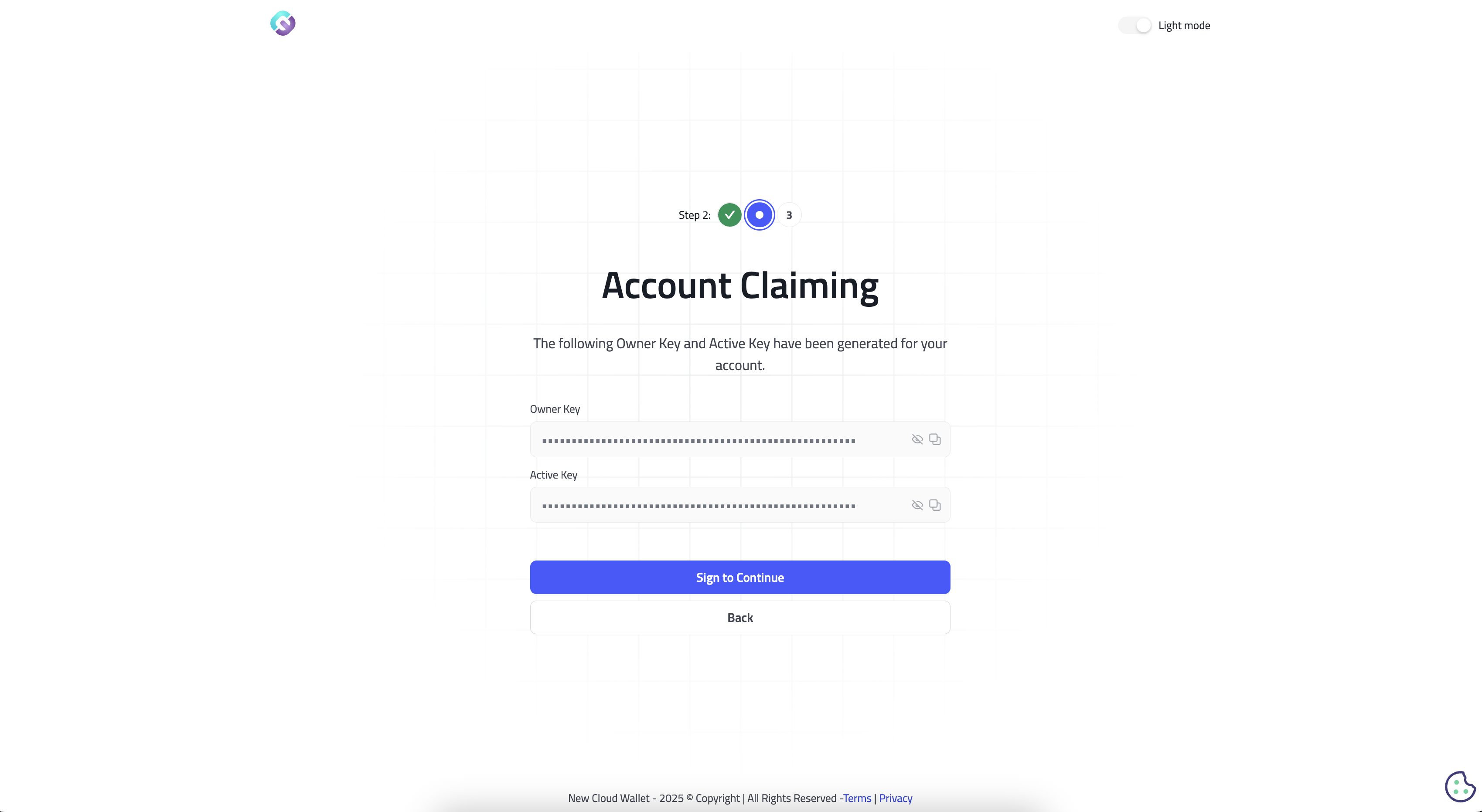 Review public keys screen in My Cloud Wallet