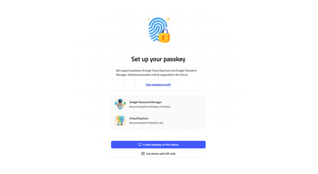 Passkey setup screen in My Cloud Wallet